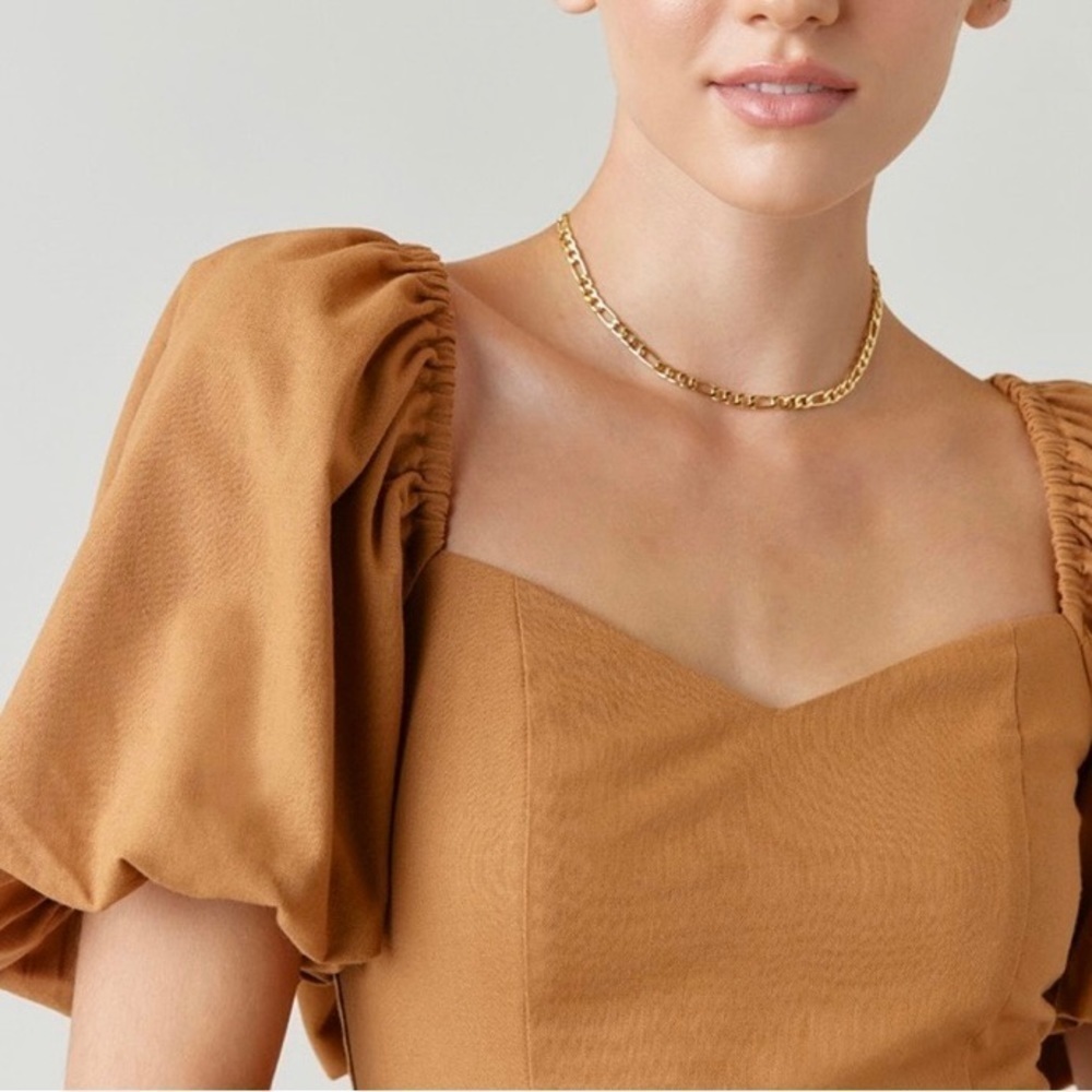 Grettie Bow Back brown Mini Dress puff sleeves - Picture 5 of 7